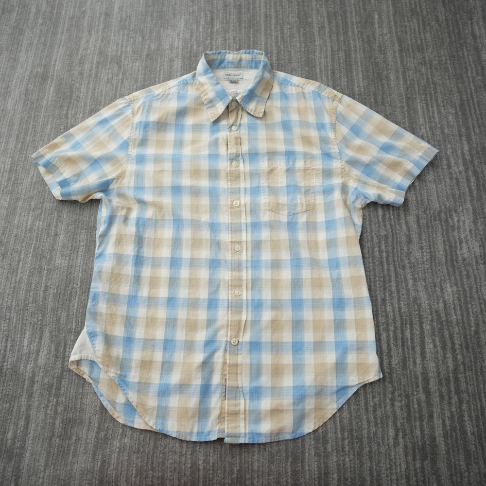 Guess Jeans Shirt Men Button Up Short Sleeve Plaid Vintage Blue Yellow Medium
